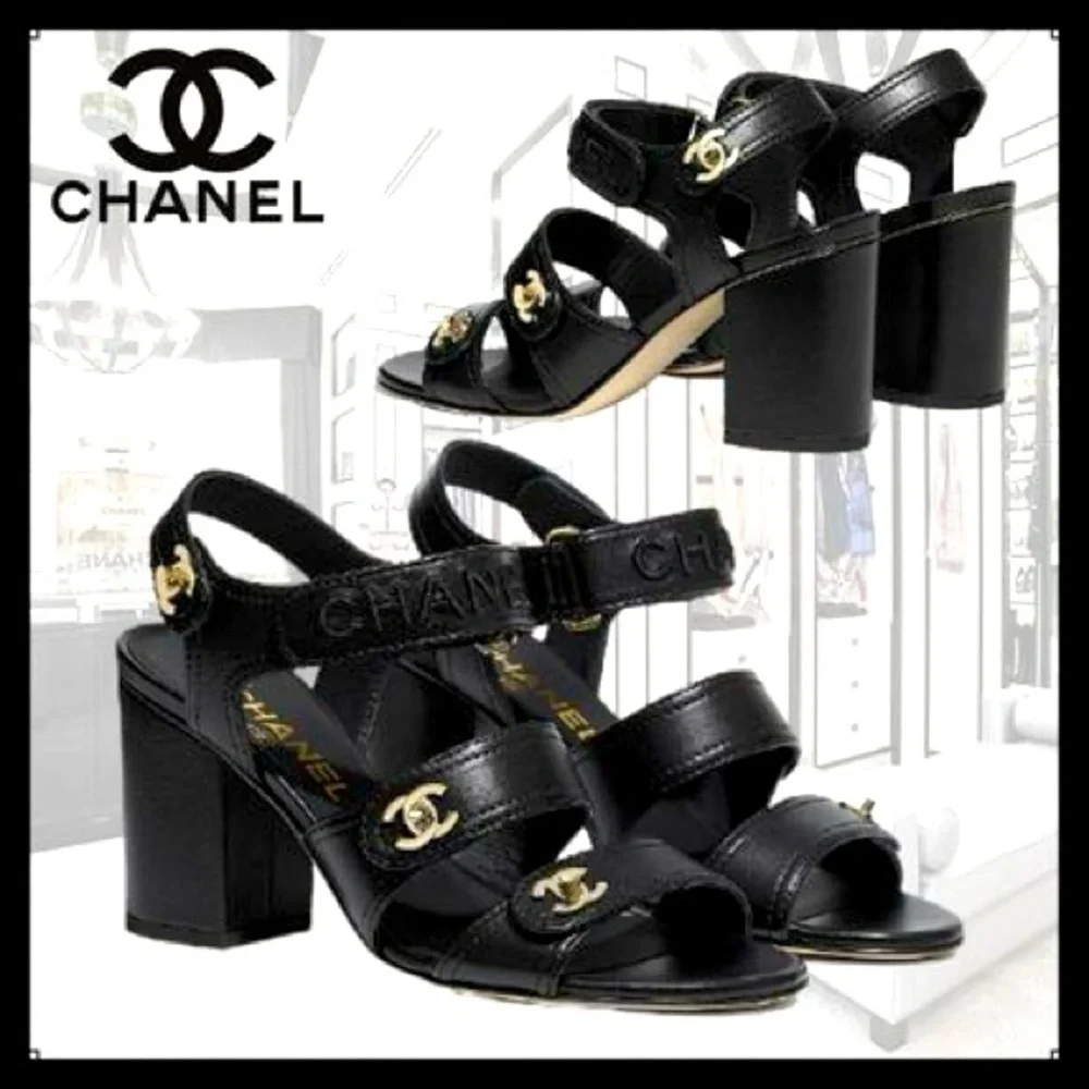 CHANEL Black leather logo Gold Turn-lock heeled sandals size 36.5 - Picture 3 of 17